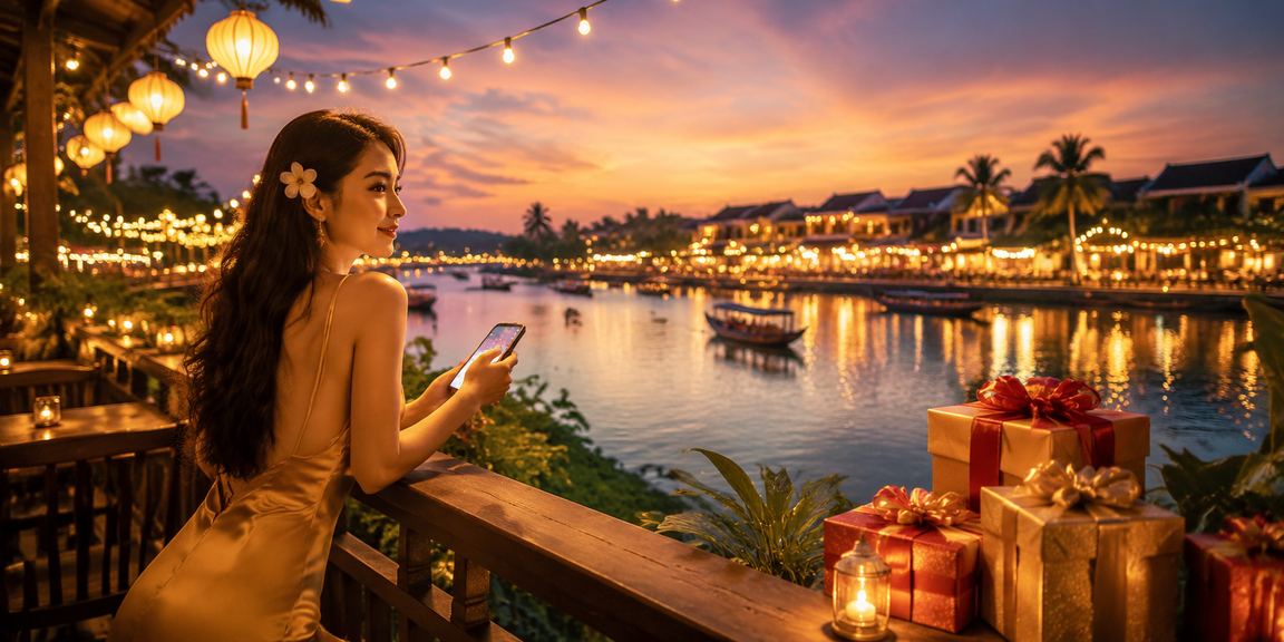 Người dùng Hội An thực hiện giao dịch tài chính casino qua điện thoại bên ly cà phê